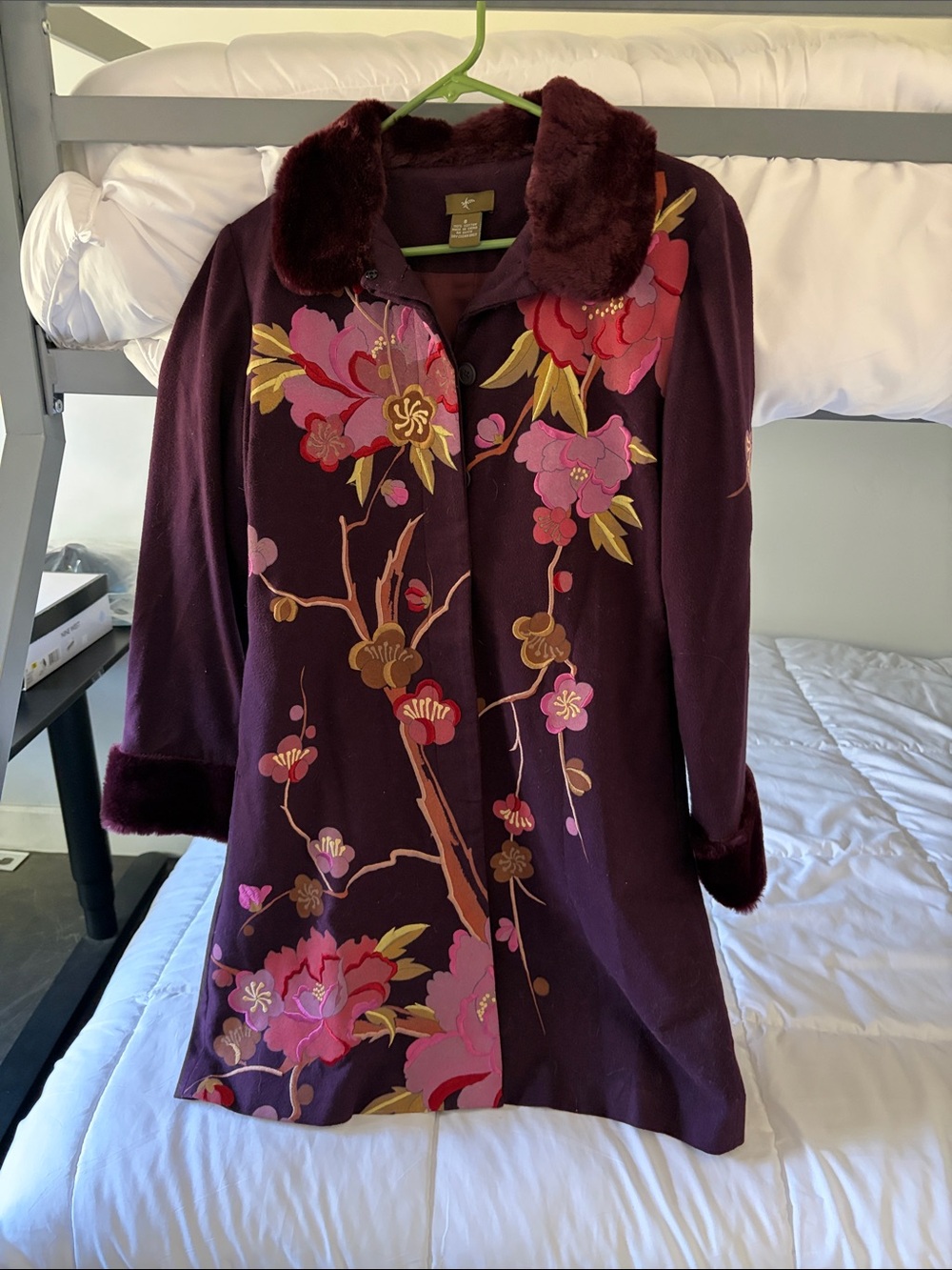 J Jill Floral Embroidered Plum Coat Faux Fur Trim - size 8; excellent condition